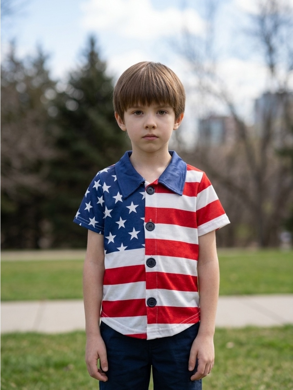 NWT- Boys' Short-Sleeve Button-Down Shirt in Red, White & Blue